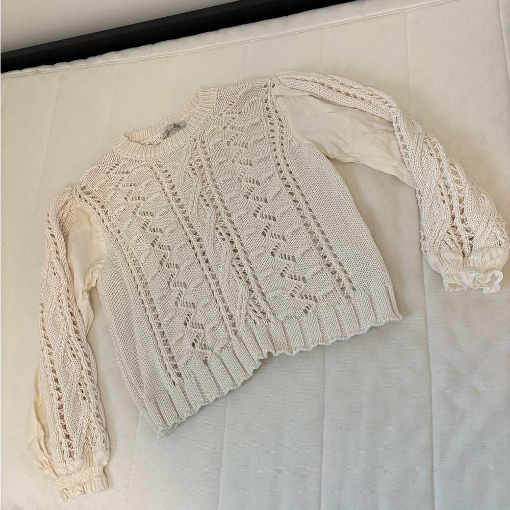 Zara Cream Knit Sweater with Lace Sleeves